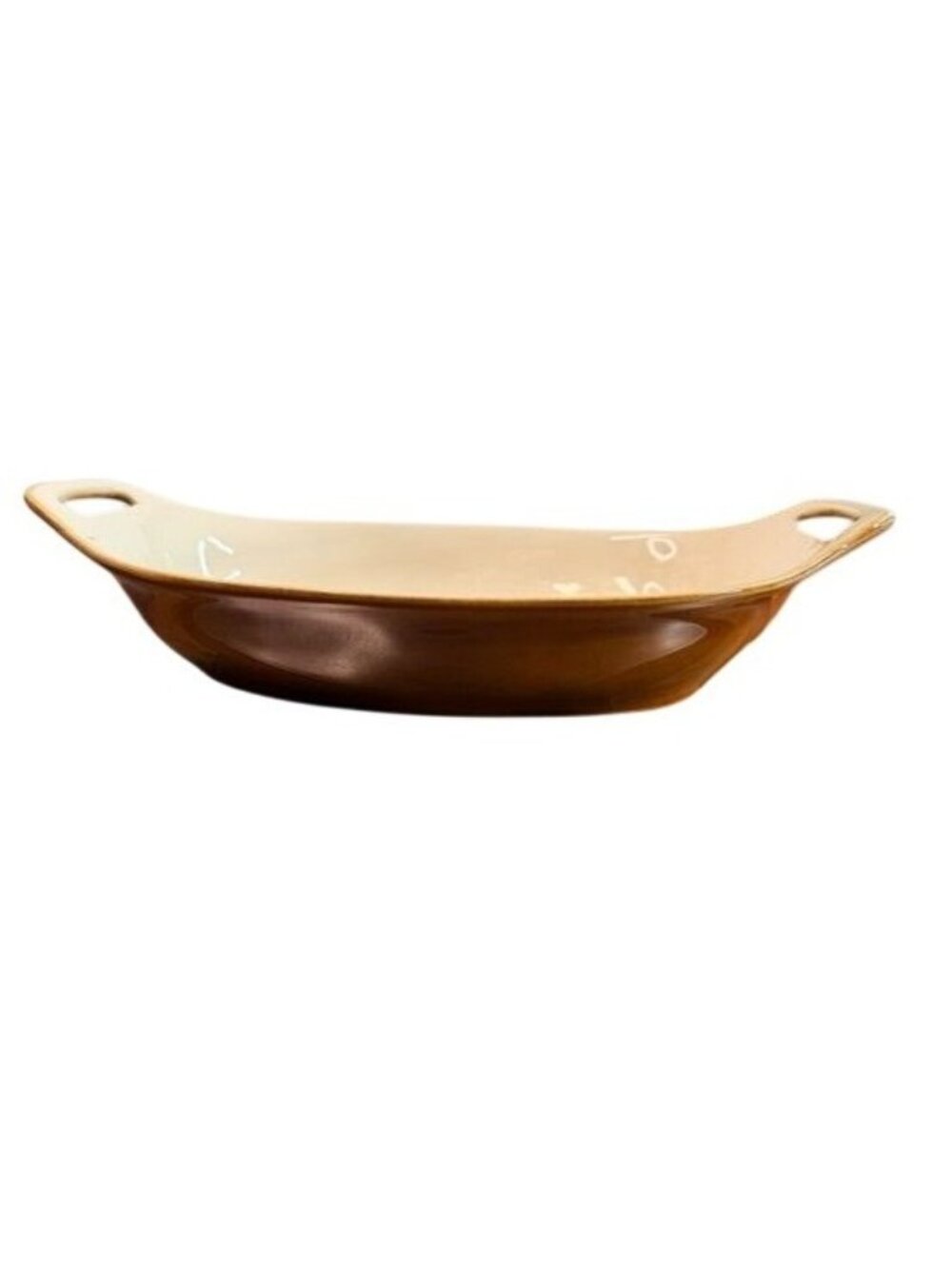 Pier 1 Imports Oval Stoneware Baking Dish Brown Cream Casserole Baker with Handl